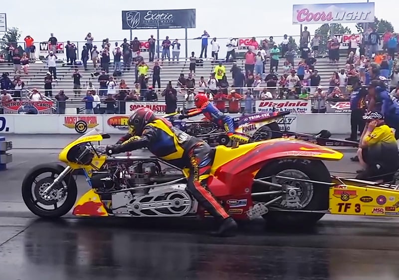 Video: The First Side-By-Side 5-Second Top Fuel Bike Pass In History